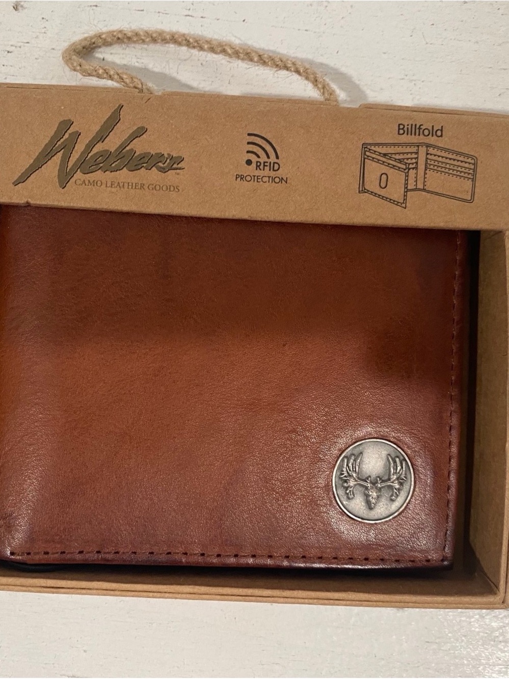 Brown Leather RFID Billfold Wallet with Metal Stag Emblem